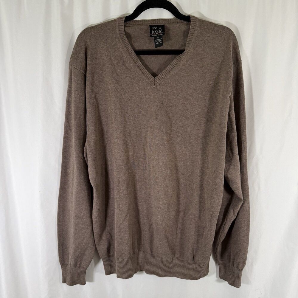 Jos A Bank Sweater Men's XL Brown Vneck Signature Coll Pima Cotton Knit Pullover